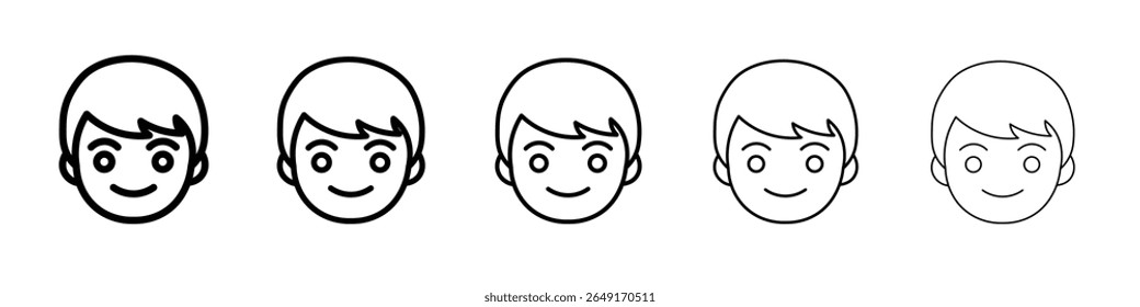 Happy boy face icon thin outline logo mark set