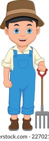 happy boy farmer holding a rake