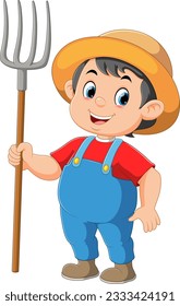 niño granjero feliz sosteniendo un rastrillo de ilustración