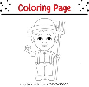 niño feliz granjero sosteniendo rastrillo para colorear página para niños
