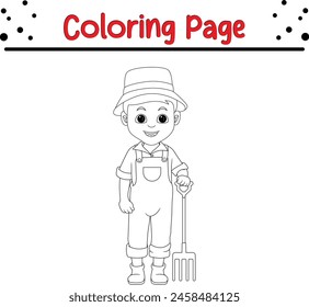 happy boy farmer holding rake coloring book page for kids and adults