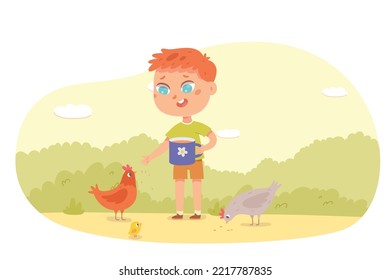 Happy boy feeding rooster, hen and little chick in village vector illustration. Cartoon chicken family eating grains in nature, farm summer work to care livestock and poultry of cute kid farmer.