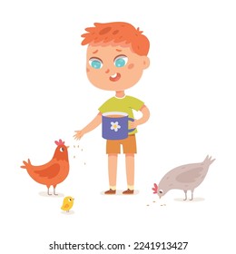 Happy boy feeding rooster, hen and little chick in village vector illustration. Cartoon isolated chicken family eating grains, farm summer work to care livestock and poultry of cute kid farmer