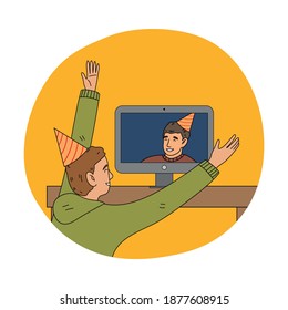 Niño feliz con gorra festiva celebrando las vacaciones en línea en laptop con amigo