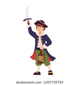 Happy boy in festive pirate costume with sword for Halloween or Birthday party. Little kid dressed in carnival clothes playing sailor or captain. Outfit for kids. Flat vector illustration