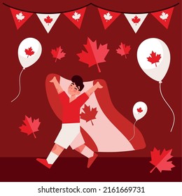 niño feliz con bandera de canadá y globos
