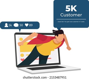 Happy boy float on laptop. because his marketing has reached target. Digital marketing. Flat vector illustration isolated.