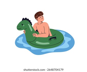 Happy boy is floating on inflatable circle in swimming pool in aquapark. Cute kid with lifebuoy with dino shape in water in sea resort in summer. Flat isolated vector illustration on white background