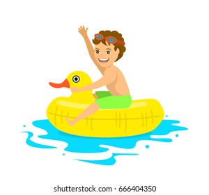 happy boy floating on inflatable duck inner ring tube isolated vector illustration