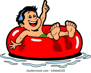 Happy Boy Floating on an Inner Tube in the Water