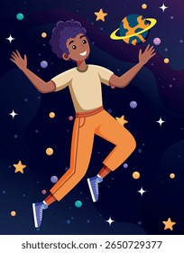 Happy Boy Floating in Space with Planets and Stars