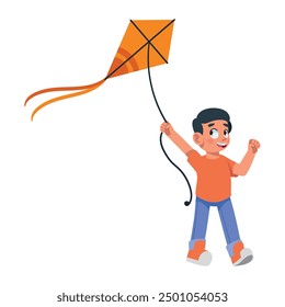 happy boy flying kite cartoon isolated