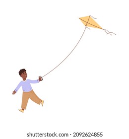 Happy boy flying a kite. Flat vector illustration.