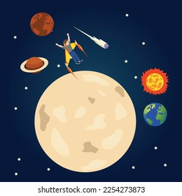 Happy boy flying with rocket learning Astronomy vector illustration concept for banner, website, landing page, ads, flyer template