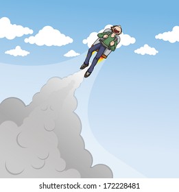 Happy Boy Flying In  The Sky With Jet Pack, Vector Illustration