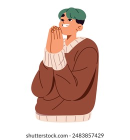 Happy boy folded palms in prayer to ask, wish, request. Good person shows hand gesture of gratitude, thanksgiving. Friendly young man thanks. Flat isolated vector illustration on white background