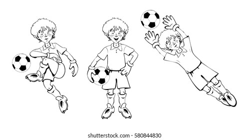 Happy boy football goalkeeper Soccer Ball in different positions