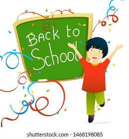 Happy boy in front of chalkboard jumps with hands up. Serpentine and confetti. First lesson celebration. Back to school cartoon drawing. Eps 10 vector flat illustration.