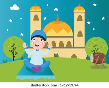 Happy boy in front of mosque cartoon vector concept for banner, website, illustration, landing page, flyer, etc.
