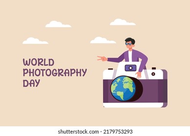 Happy boy gesture with peace hand in camera. World photography day concept. Flat vector illustration isolated.