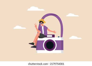 Happy boy gesture sitting on camera. World photography day concept. Flat vector illustration isolated.