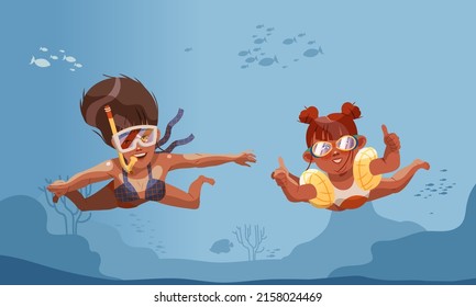 Happy boy and giel scuba divers exploring sea depth and fishes. Underwater swiming vector illustration