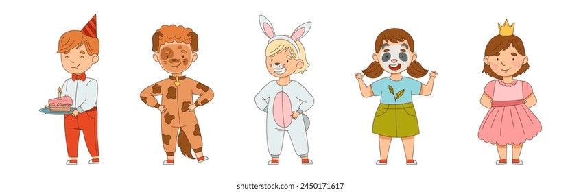 Happy Boy and Girl at Birthday Party Celebrate Holiday Vector Set