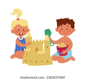 Happy boy and girl build sand castle. Vector illustration