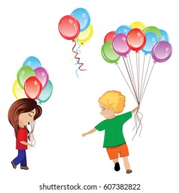 Happy boy and girl with bunch of colorful inflatable balloons.