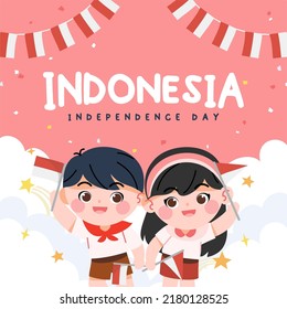 Happy boy and girl celebrate Indonesia independence day social media post