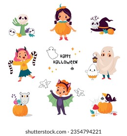 Happy Boy and Girl Character at Halloween Party Celebration Vector Illustration Set