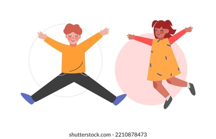 Happy Boy and Girl Character Jumping Feeling Jubilation Vector Set