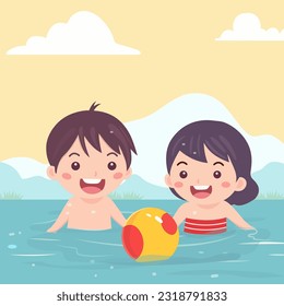 Happy Boy and Girl Character Playing Ball in Water for Pool Party on Summer Holiday.