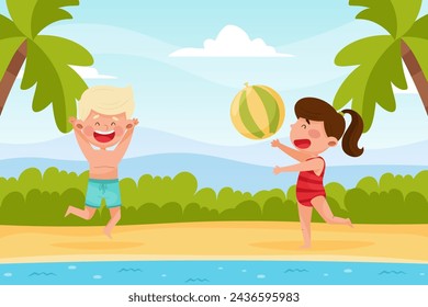 Happy Boy and Girl Character at Sea Play Ball Enjoy Beach Vacation Vector Illustration