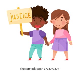 Happy Boy and Girl Characters Holding Hands and Justice Placard Vector Illustration