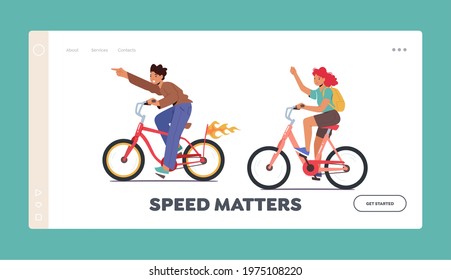 Happy Boy and Girl Characters on Bicycles Landing Page Template. Healthy Lifestyle, Outdoors Sport Activity. Teenagers Riding Bikes, Exercising, Driving Track. Cartoon People Vector Illustration