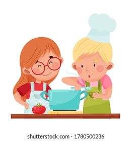 Happy Boy and Girl Chef Characters Wearing Apron and Hat Cooking Soup Vector Illustration