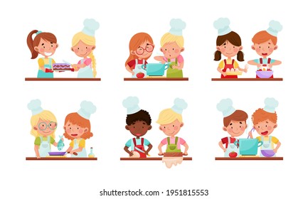 Happy Boy and Girl Chef Characters Wearing Apron and Hat Cooking Pizza and Boiling Soup Together Vector Set