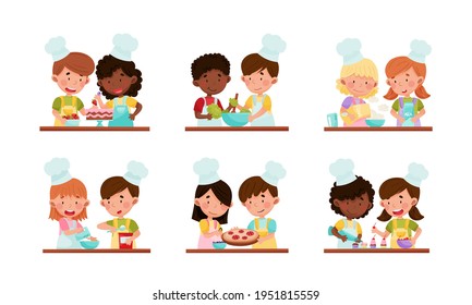 Happy Boy and Girl Chef Characters Wearing Apron and Hat Cooking Pizza and Baking Pastry Together Vector Set