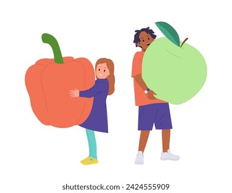Happy boy and girl children cartoon characters holding fresh ripe green apple and sweet red pepper