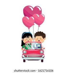 Happy boy and girl in a classic car with heart balloons over white background, colorful design, vector illustration