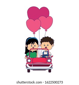 Happy boy and girl in a classic car with heart balloons over white background, vector illustration