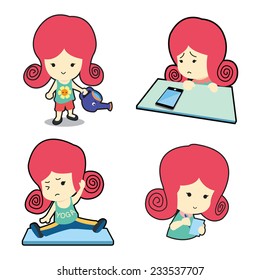 Happy boy and girl couple in many poses cartoon vector