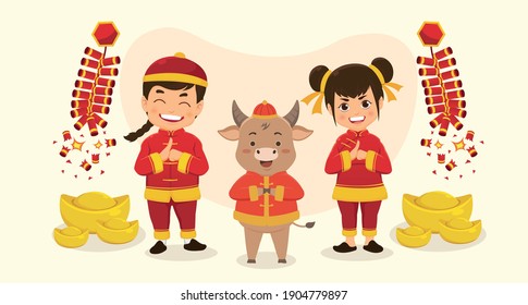 Happy Boy Girl and Cow in traditional clothes celebrate Chinese New Year of the Ox. Cartoon Vector Illustration