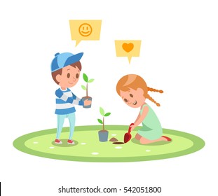 happy boy and girl doing garden design set 4