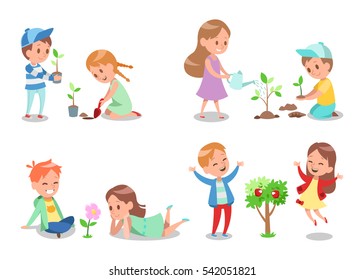 happy boy and girl doing garden design set 2