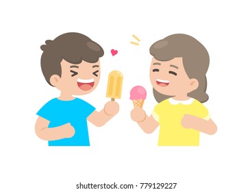 Happy boy and girl eating ice cream, enjoying dessert, vector illustration.