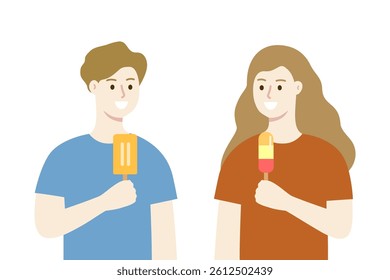 Happy boy and girl eating popsicle. Summer, food, hot, temperature concepts. Flat people character vector design isolated illustration.