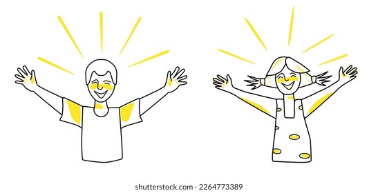 Happy boy and girl, emotion of happiness, pleasure and satisfaction, open their arms. Half body sketch style line drawing with yellow spots.