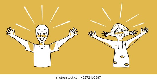 Happy boy and girl, emotion of happiness, orange and white. Pleasure and satisfaction, open their arms. Half body sketch style line drawing.